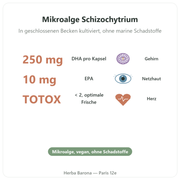 DHA pflanzlich – Dynveo – 250 mg – 60 Kapseln Vorteile und Fakten Paris Herba Barona