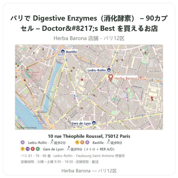 Where to find Digestive Enzymes(消化酵素) – 90カプセル – Doctor’s Best in Paris - store map Herba Barona Paris 12e