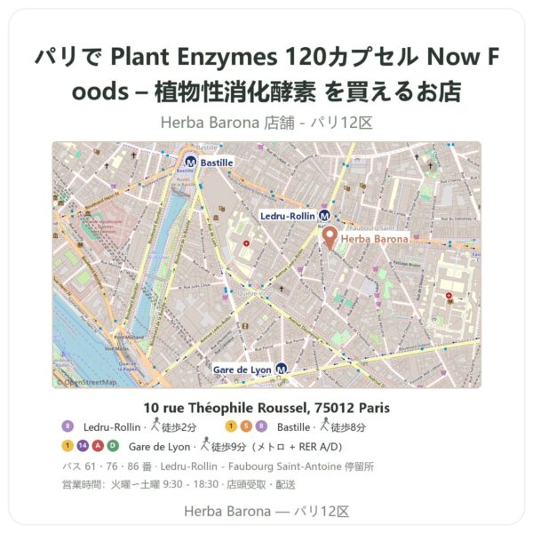 Where to find Plant Enzymes 120カプセル Now Foods – 植物性消化酵素 in Paris - store map Herba Barona Paris 12e