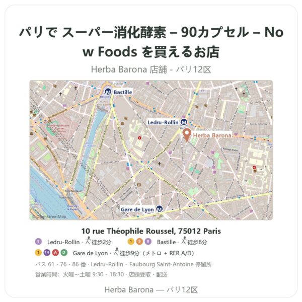 Where to find スーパー消化酵素 – 90カプセル – Now Foods in Paris - store map Herba Barona Paris 12e