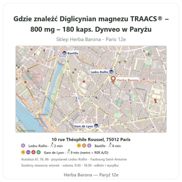 Gdzie znaleźć Diglicynian magnezu TRAACS® – 800 mg – 180 kaps. Dynveo w Paryżu - mapa sklepu Herba Barona Paris 12e