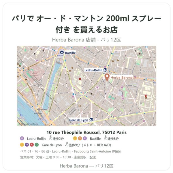 Where to find オー・ド・マントン 200ml スプレー付き in Paris - store map Herba Barona Paris 12e