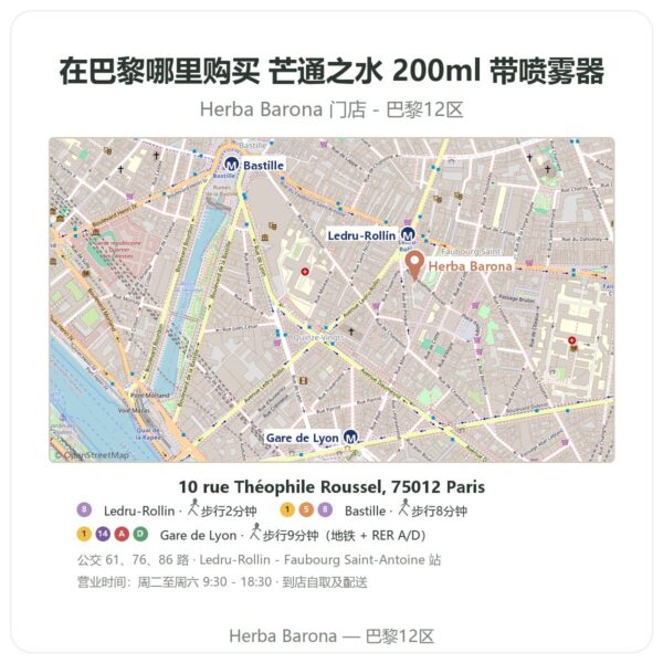 芒通之水 200ml 带喷雾器 巴黎哪里能买到 - 门店地图 Herba Barona Paris 12e
