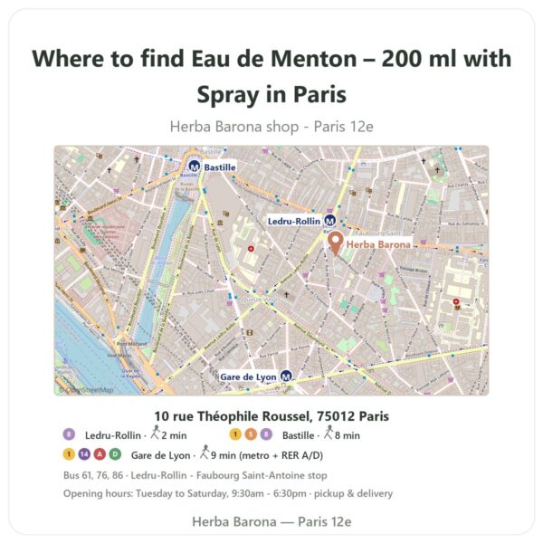 Where to find Eau de Menton – 200 ml with Spray in Paris - store map Herba Barona Paris 12e