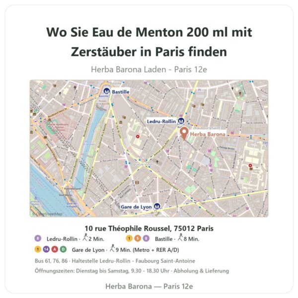Wo finden Sie Eau de Menton 200 ml mit Zerstäuber in Paris - Ladenplan Herba Barona Paris 12e