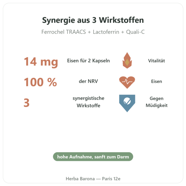 Eisen3-Komplex Eisen und Vitamin C – Dynveo – 60 Kapseln Vorteile und Fakten Paris Herba Barona