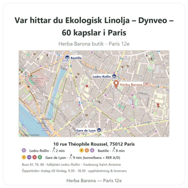 Var hittar du Ekologisk Linolja – Dynveo – 60 kapslar i Paris - butikskarta Herba Barona Paris 12e