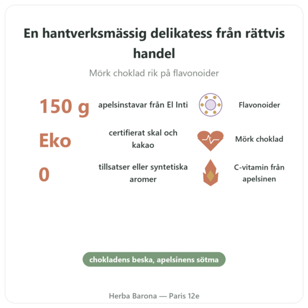 Ekologiska Orangetter i Mörk Choklad Saldac El Inti 150 g fördelar och nyckelfakta Paris Herba Barona