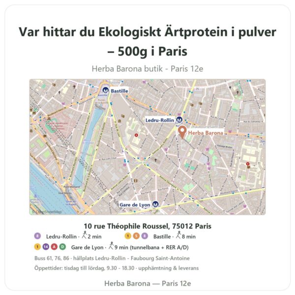 Var hittar du Ekologiskt Ärtprotein i pulver – 500g i Paris - butikskarta Herba Barona Paris 12e