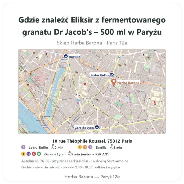 Gdzie znaleźć Eliksir z fermentowanego granatu Dr Jacob's – 500 ml w Paryżu - mapa sklepu Herba Barona Paris 12e