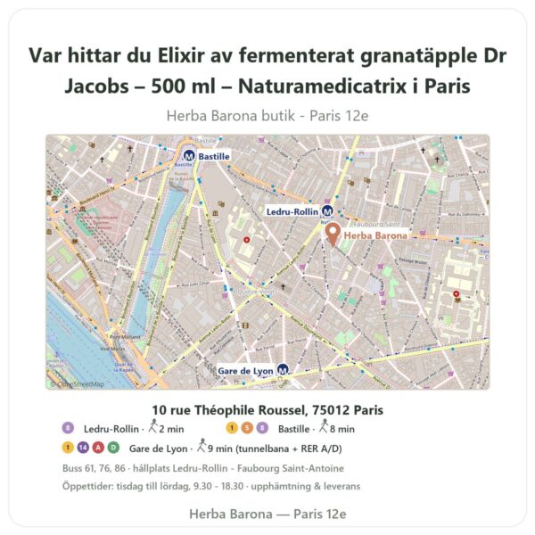 Var hittar du Elixir av fermenterat granatäpple Dr Jacobs – 500 ml – Naturamedicatrix i Paris - butikskarta Herba Barona Paris 12e