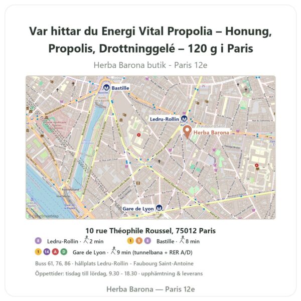 Var hittar du Energi Vital Propolia – Honung, Propolis, Drottninggelé – 120 g i Paris - butikskarta Herba Barona Paris 12e
