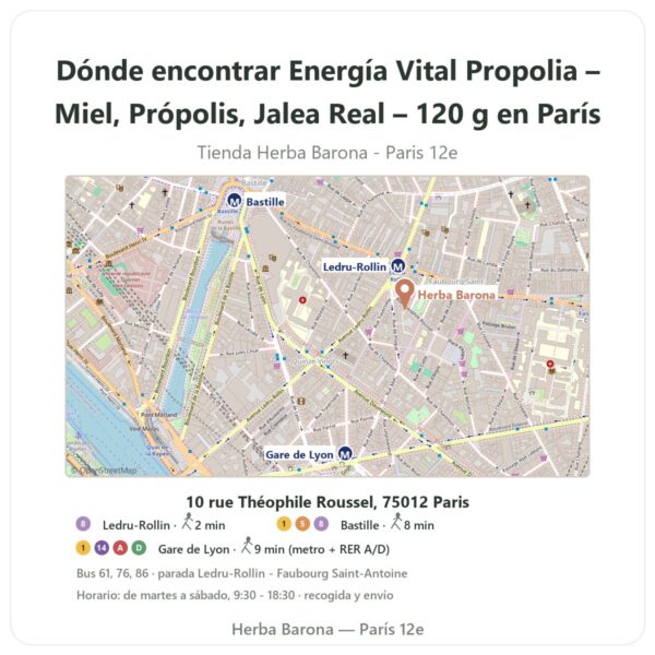 Dónde encontrar Energía Vital Propolia – Miel, Própolis, Jalea Real – 120 g en París - plano de la tienda Herba Barona Paris 12e