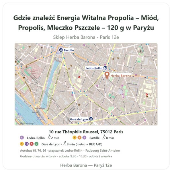Gdzie znaleźć Energia Witalna Propolia – Miód, Propolis, Mleczko Pszczele – 120 g w Paryżu - mapa sklepu Herba Barona Paris 12e