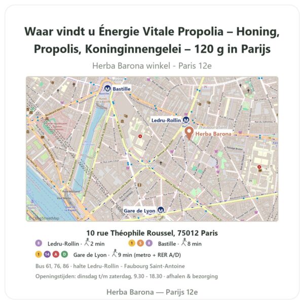 Waar vindt u Énergie Vitale Propolia – Honing, Propolis, Koninginnengelei – 120 g in Parijs - winkelplattegrond Herba Barona Paris 12e