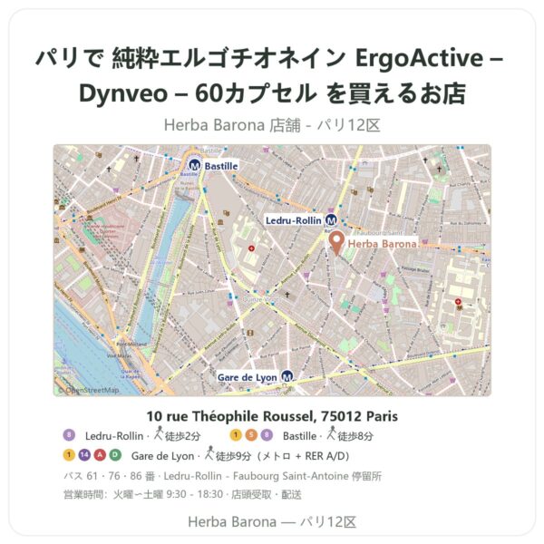 Where to find 純粋エルゴチオネイン ErgoActive – Dynveo – 60カプセル in Paris - store map Herba Barona Paris 12e
