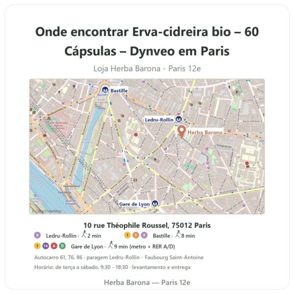 Onde encontrar Erva-cidreira bio – 60 Cápsulas – Dynveo em Paris - mapa da loja Herba Barona Paris 12e