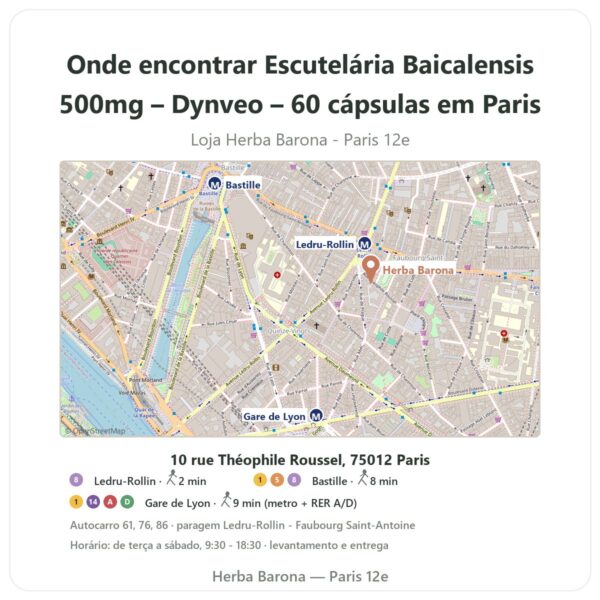 Onde encontrar Escutelária Baicalensis 500mg – Dynveo – 60 cápsulas em Paris - mapa da loja Herba Barona Paris 12e
