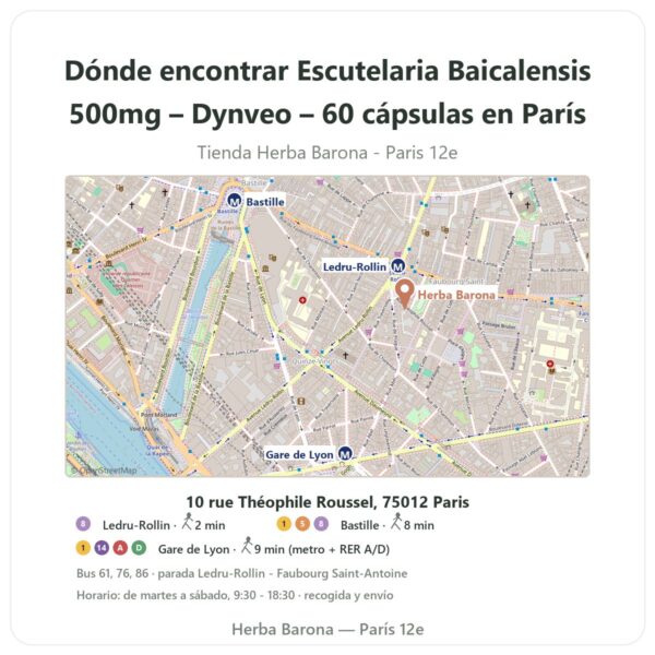 Dónde encontrar Escutelaria Baicalensis 500mg – Dynveo – 60 cápsulas en París - plano de la tienda Herba Barona Paris 12e