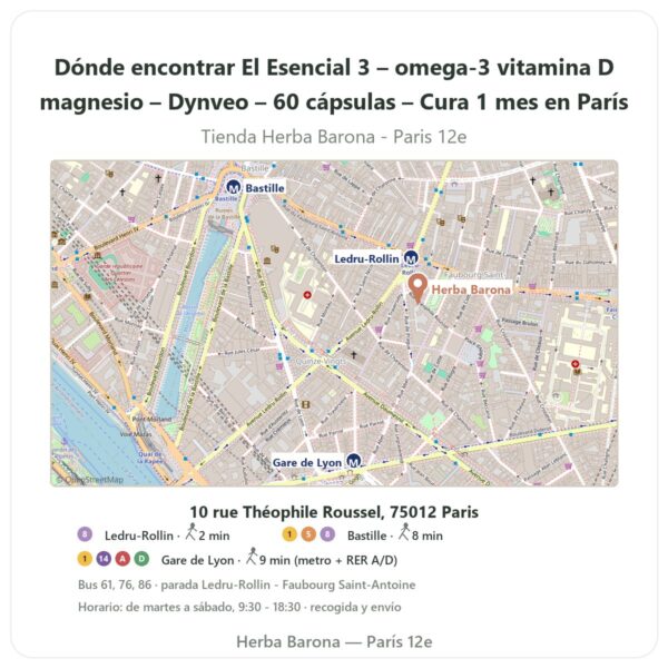 Dónde encontrar El Esencial 3 – omega-3 vitamina D magnesio – Dynveo – 60 cápsulas – Cura 1 mes en París - plano de la tienda Herba Barona Paris 12e