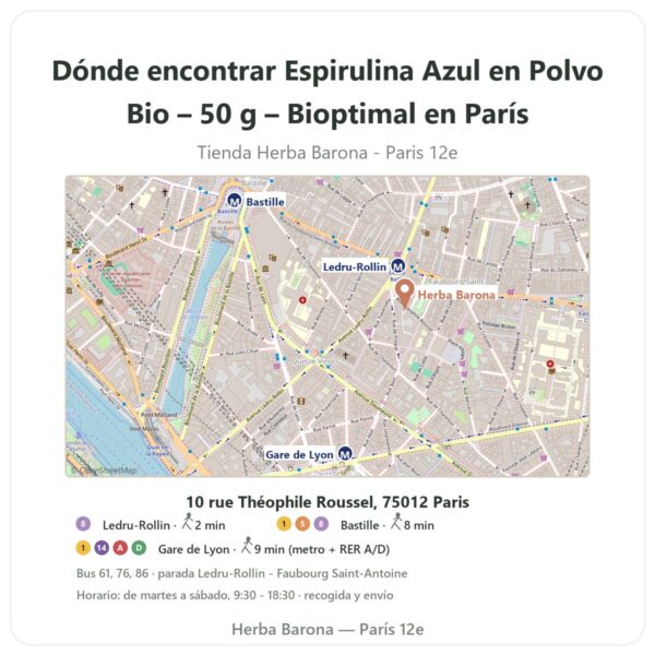 Dónde encontrar Espirulina Azul en Polvo Bio – 50 g – Bioptimal en París - plano de la tienda Herba Barona Paris 12e
