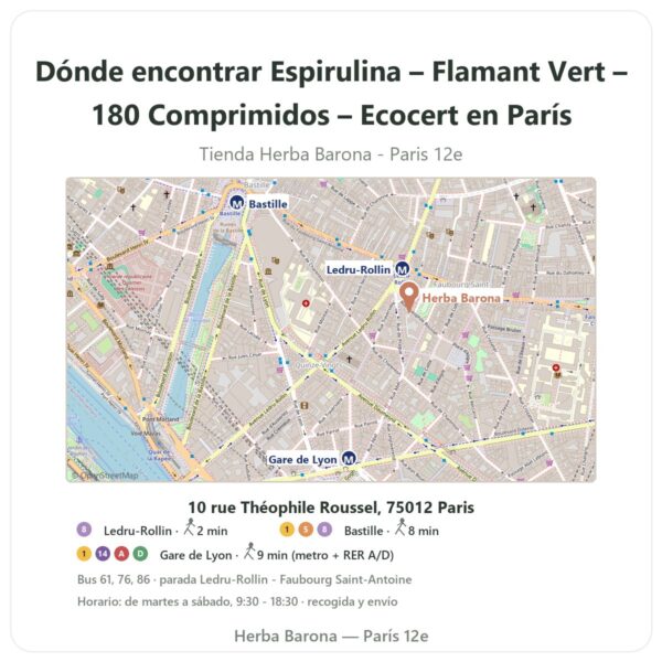 Dónde encontrar Espirulina – Flamant Vert – 180 Comprimidos – Ecocert en París - plano de la tienda Herba Barona Paris 12e