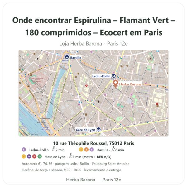 Onde encontrar Espirulina – Flamant Vert – 180 comprimidos – Ecocert em Paris - mapa da loja Herba Barona Paris 12e