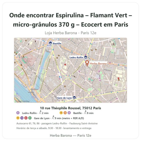 Onde encontrar Espirulina – Flamant Vert – micro-grânulos 370 g – Ecocert em Paris - mapa da loja Herba Barona Paris 12e