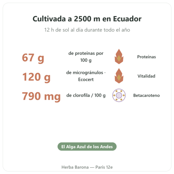 Espirulina – Flamant Vert – Micro-gránulos 120 g – Ecocert beneficios y datos clave Paris Herba Barona
