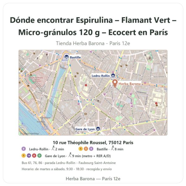 Dónde encontrar Espirulina – Flamant Vert – Micro-gránulos 120 g – Ecocert en París - plano de la tienda Herba Barona Paris 12e