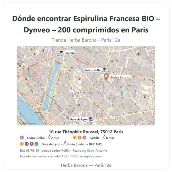 Dónde encontrar Espirulina Francesa BIO – Dynveo – 200 comprimidos en París - plano de la tienda Herba Barona Paris 12e