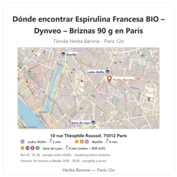 Dónde encontrar Espirulina Francesa BIO – Dynveo – Briznas 90 g en París - plano de la tienda Herba Barona Paris 12e