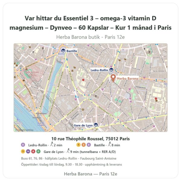 Var hittar du Essentiel 3 – omega-3 vitamin D magnesium – Dynveo – 60 Kapslar – Kur 1 månad i Paris - butikskarta Herba Barona Paris 12e