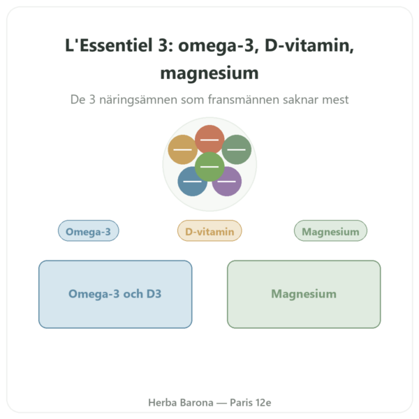 Essentiel 3 – omega-3 vitamin D magnesium – Dynveo – 60 Kapslar – Kur 1 månad presentation Paris Herba Barona
