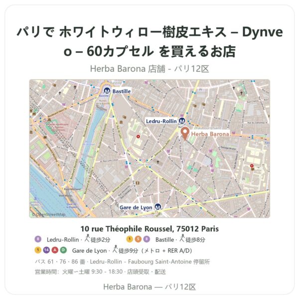 Where to find ホワイトウィロー樹皮エキス – Dynveo – 60カプセル in Paris - store map Herba Barona Paris 12e