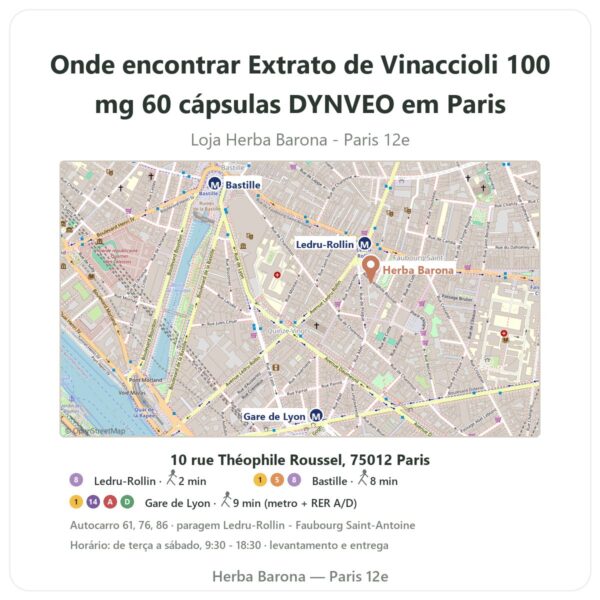 Onde encontrar Extrato de Vinaccioli 100 mg 60 cápsulas DYNVEO em Paris - mapa da loja Herba Barona Paris 12e