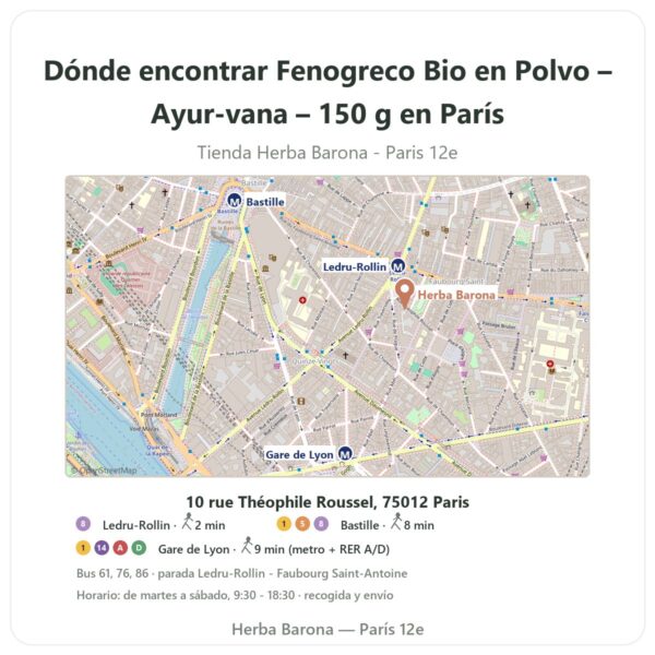 Dónde encontrar Fenogreco Bio en Polvo – Ayur-vana – 150 g en París - plano de la tienda Herba Barona Paris 12e