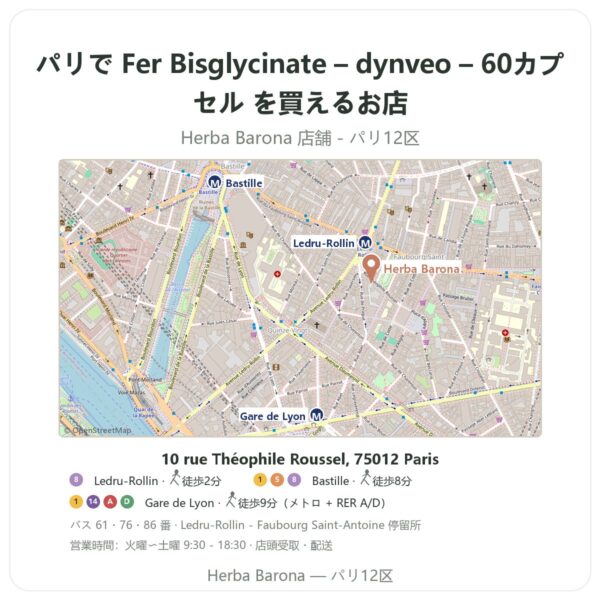 Where to find Fer Bisglycinate – dynveo – 60カプセル in Paris - store map Herba Barona Paris 12e