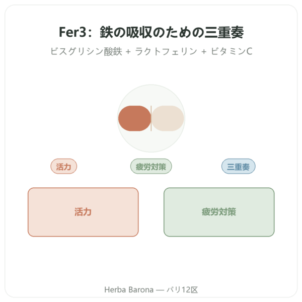 Fer3 – dynveo – 鉄とビタミンCの複合 60カプセル presentation Paris Herba Barona
