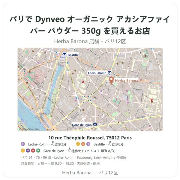 Where to find Dynveo オーガニック アカシアファイバー パウダー 350g in Paris - store map Herba Barona Paris 12e