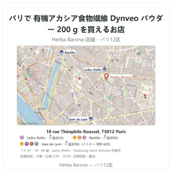 Where to find 有機アカシア食物繊維 Dynveo パウダー 200 g in Paris - store map Herba Barona Paris 12e
