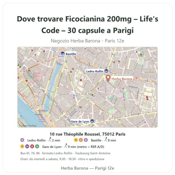 Dove trovare Ficocianina 200mg – Life's Code – 30 capsule a Parigi - mappa del negozio Herba Barona Paris 12e