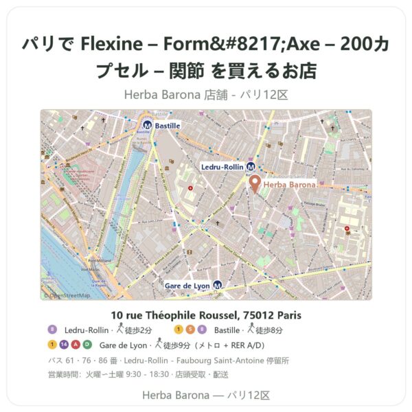 Where to find Flexine – Form’Axe – 200カプセル – 関節 in Paris - store map Herba Barona Paris 12e