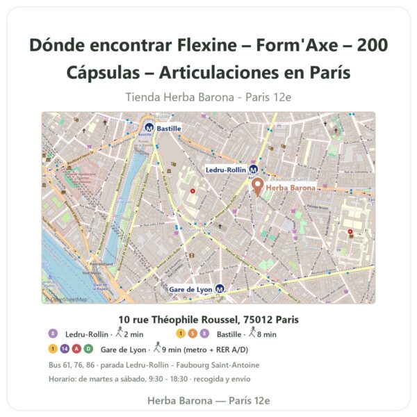Dónde encontrar Flexine – Form'Axe – 200 Cápsulas – Articulaciones en París - plano de la tienda Herba Barona Paris 12e