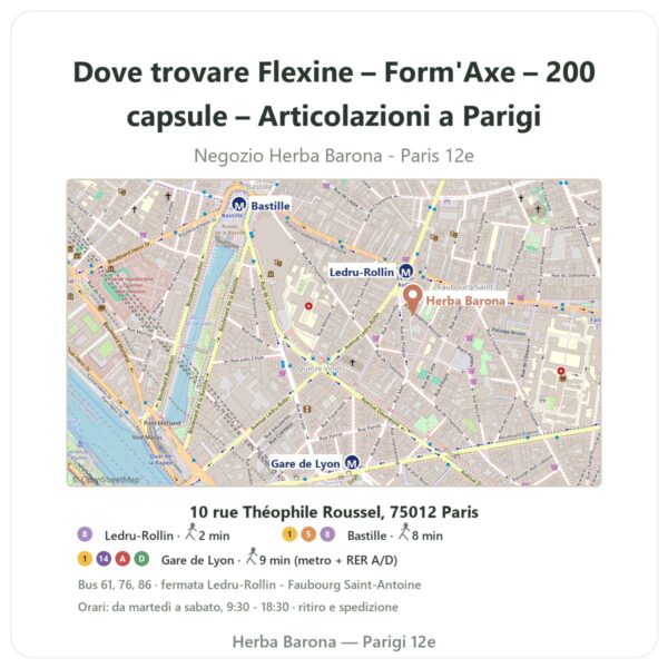 Dove trovare Flexine – Form'Axe – 200 capsule – Articolazioni a Parigi - mappa del negozio Herba Barona Paris 12e