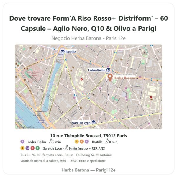 Dove trovare Form'A Riso Rosso+ Distriform' – 60 Capsule – Aglio Nero, Q10 & Olivo a Parigi - mappa del negozio Herba Barona Paris 12e