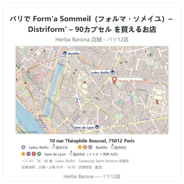 Where to find Form'a Sommeil（フォルマ・ソメイユ）– Distriform' – 90カプセル in Paris - store map Herba Barona Paris 12e