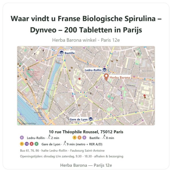 Waar vindt u Franse Biologische Spirulina – Dynveo – 200 Tabletten in Parijs - winkelplattegrond Herba Barona Paris 12e