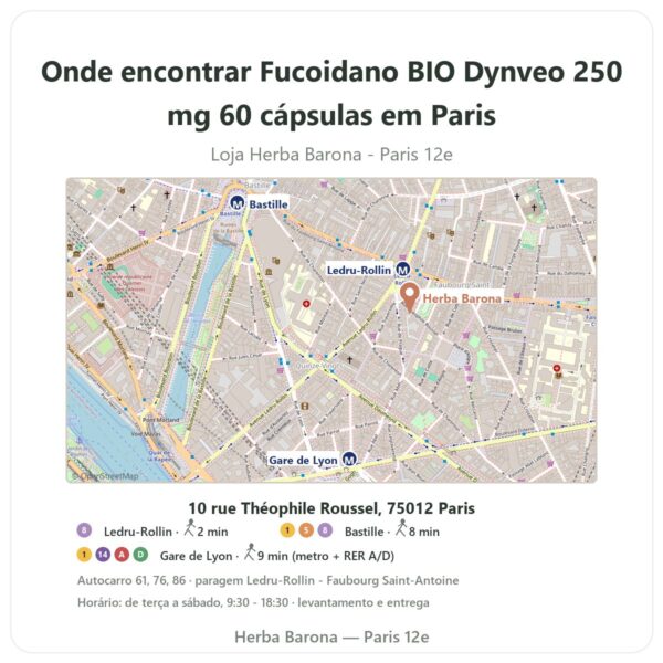 Onde encontrar Fucoidano BIO Dynveo 250 mg 60 cápsulas em Paris - mapa da loja Herba Barona Paris 12e
