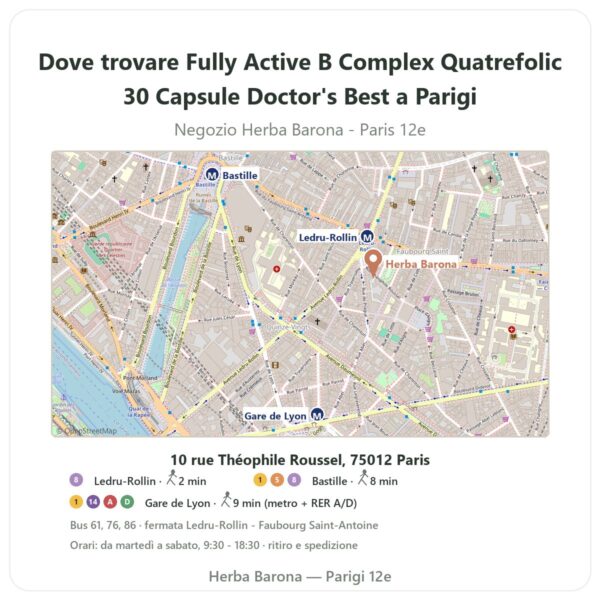 Dove trovare Fully Active B Complex Quatrefolic 30 Capsule Doctor's Best a Parigi - mappa del negozio Herba Barona Paris 12e